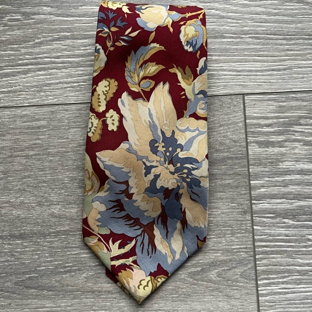 Polo Ralph Lauren Burgundy Cream Floral Neck Tie 100% Silk Hand Made 57” x 4”